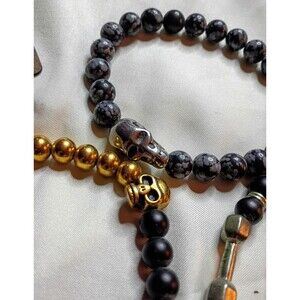 Lot of 3 Twelve Men Stainless Steel Beaded Skull Bracelets Black Gold